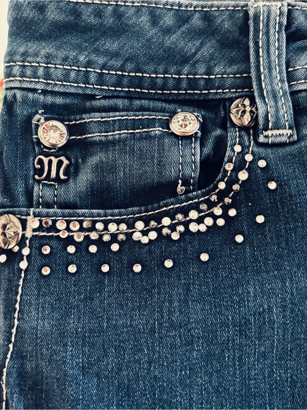 Miss Me Medium-Dark Blue Skinny Jeans with Rhinestone Trim - Picture 3 of 16